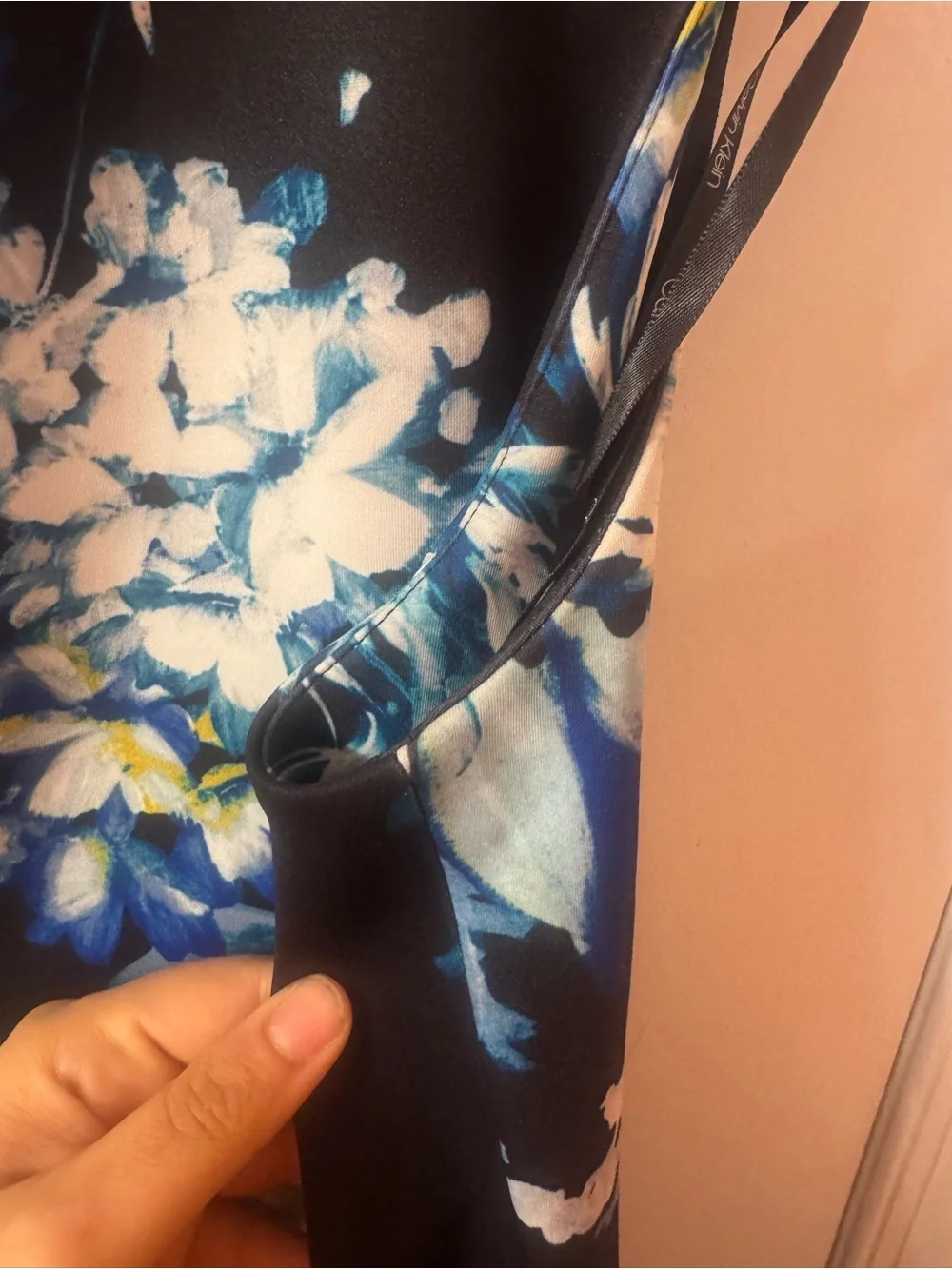 Calvin Klein Black Floral Midi Dress with Blue & White Blooms - Picture 6 of 6